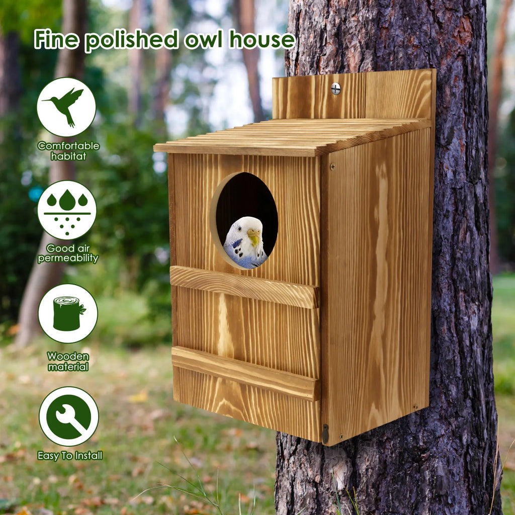 Wood Bird House Circular Opening Owl House Large Size Nest Birds Breeding Box Hanging Pet Accessories Home Balcony Decoration