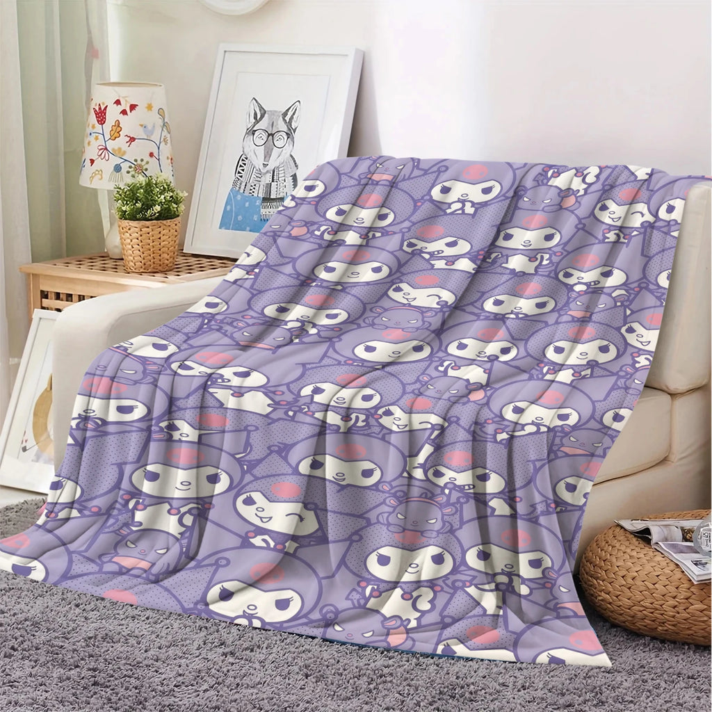 Kuromi Allover Print Flannel Blanket Lavender Purple Kawaii Pattern Soft Plush Throw for Bed Sofa Sanrio Character All Season