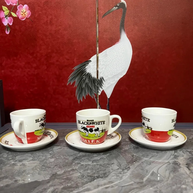 High Quali Cerc Bla And White Milk Tea Cup And Plate Hong Kong Sle Tea Restaurant Milk Coffee Cup Set Cute Cerc Cup