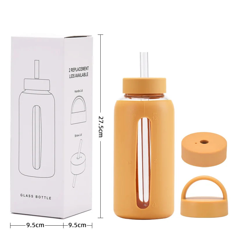 800ml Large Capacity Glass Cup, Double Lids,Silicone Sleeve,Anti-hot Heat Insulation,Outdoor Portable,Graduated Water Bottle,Mug