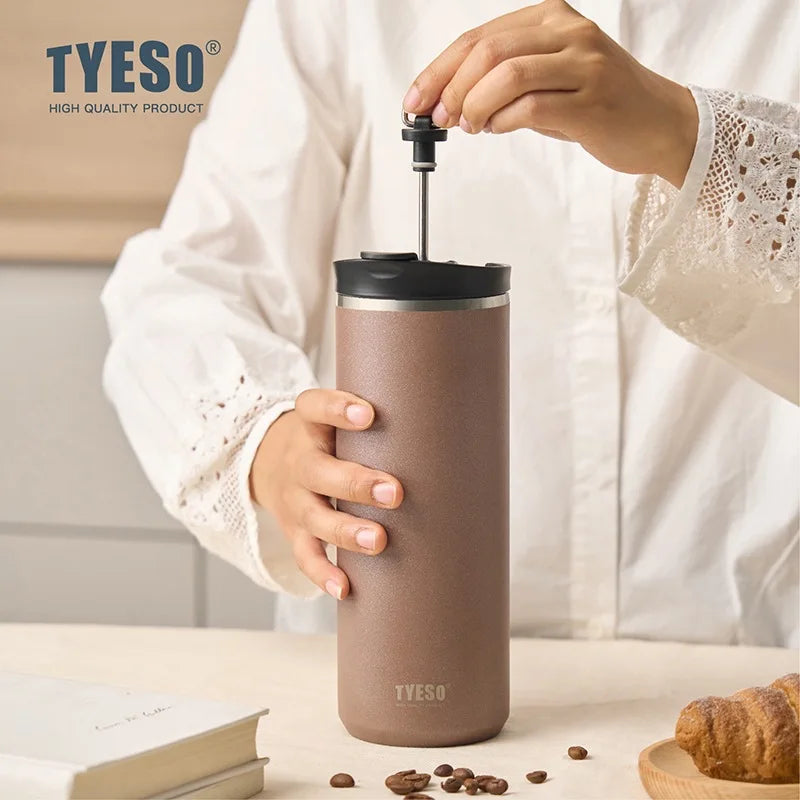 TYESO 600ML Outdoor Handmade Coffee Cup French Press Travel Mug 304 Stainless Steel Thermos Cup Double-Wall Insulated Cup