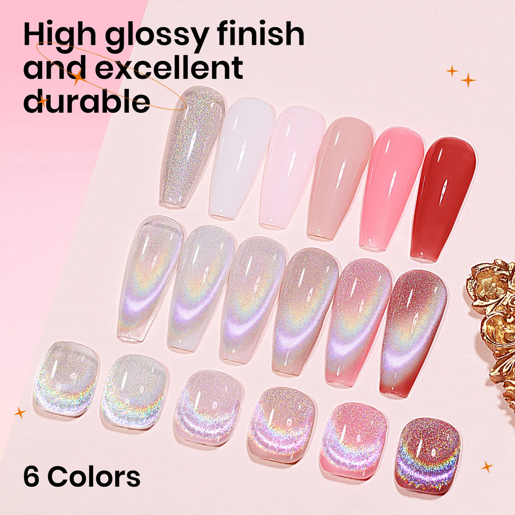 SUPWEE Cat Eye Gel Polish Set With Magnet, Translucent Red Pink Jelly Gel Polish, Universal Rainbow Cat Eye Gel Manicure Set