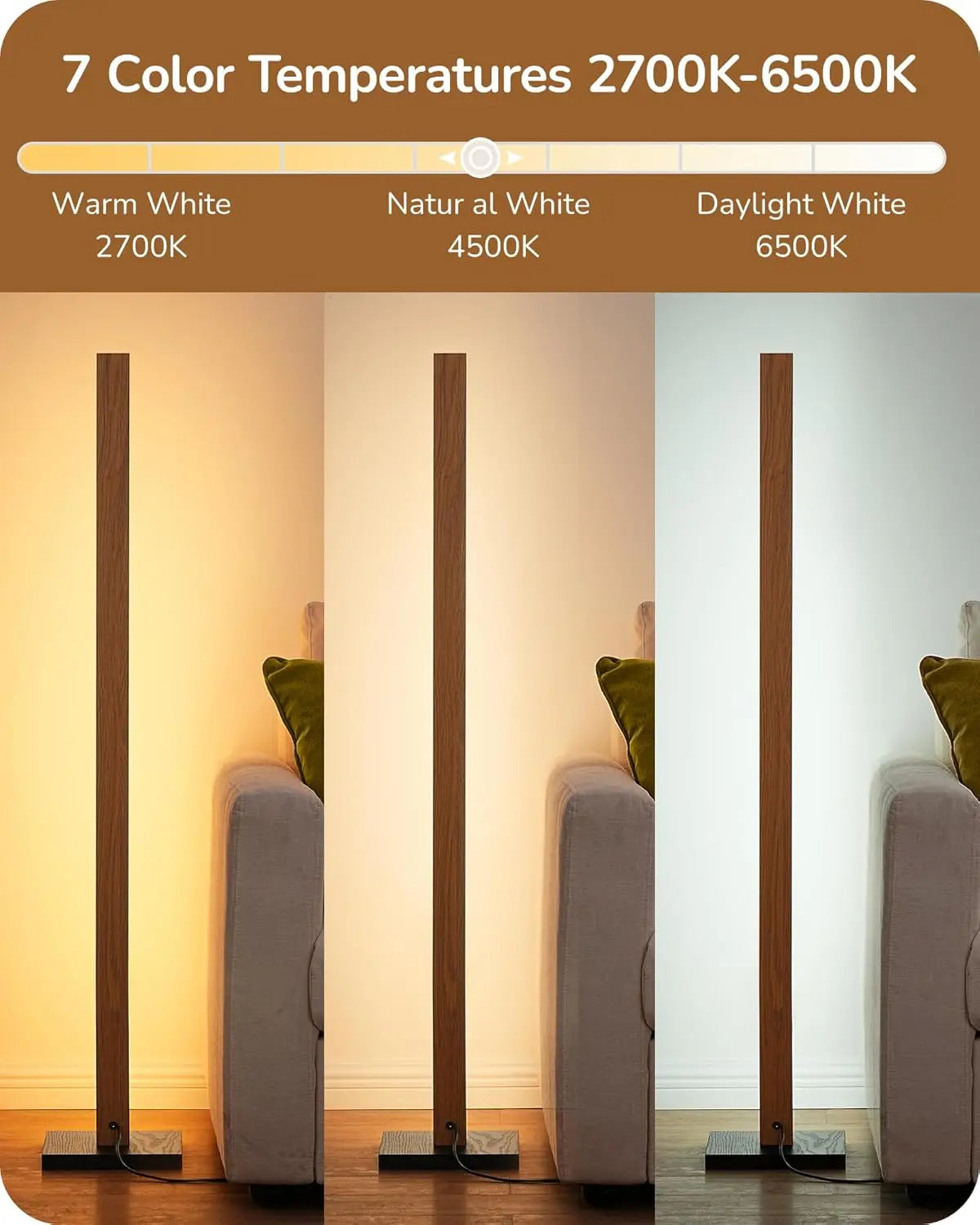 Modern Dimmable Wood LED Floor Lamp with Remote, 7 Color Temperatures for Living Room, Bedroom, Office