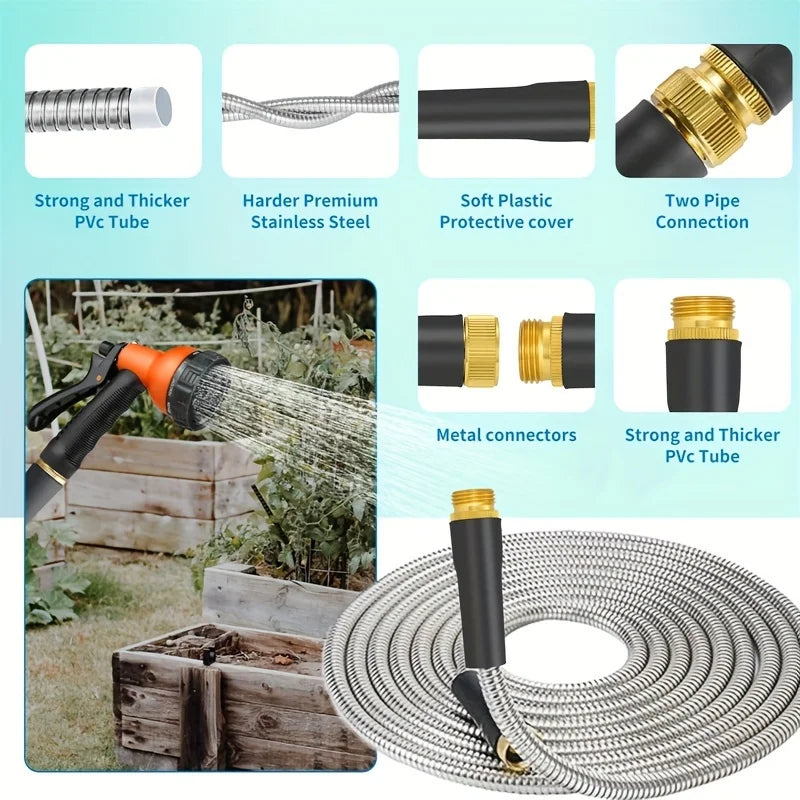 Metal Garden Hose Stainless Steel Metal water Hose Super Tough&Flexible Water pipe Lightweight Crush Resistant Aluminum Fittings