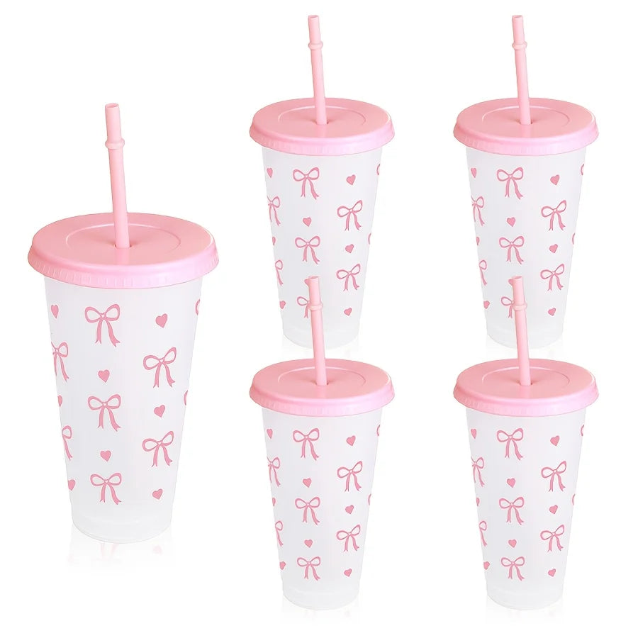 1/2/5pcs Kawaii Bow Reusable Party Cups with Straw & Lid Coffee Juice Tea Cute Tumbler With Straw Plastic Cups Summer Gifts