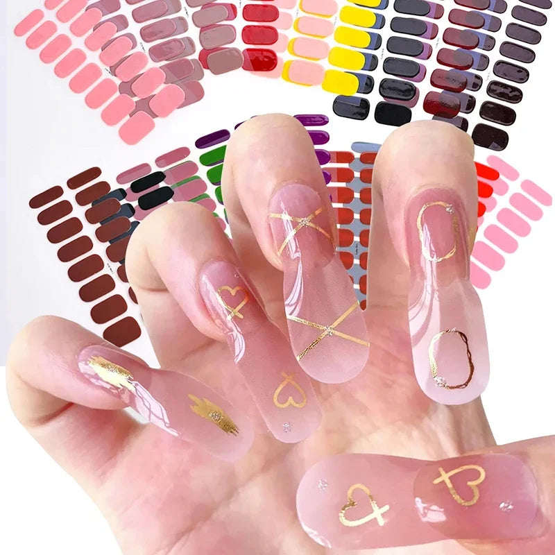 DIY Semi Cured Gel Nail Stickers Long-Lasting Solid Color Nail Strips Patch Slider Nail Sticker Full Cover Decal Manicure Patch