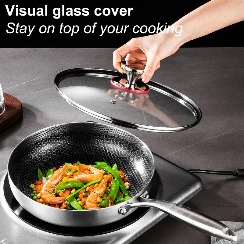 Frying Pan 316 Stainless Steel Uncoated Non-stick Pan Double-sided Honeycomb Pot Kitchen Cookware for Gas Stove Induction