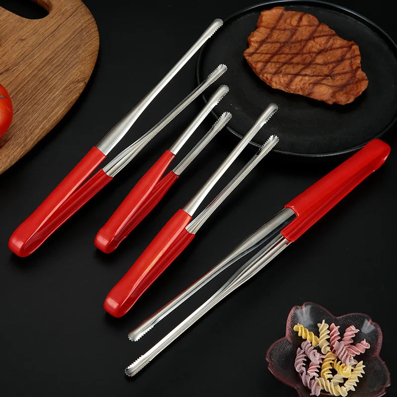 Stainless Steel BBQ Tongs Salad Food meat vegetable red glue Clips Bread Pasta Serving Tongs Non-Stick Kitchen Cooking Tools
