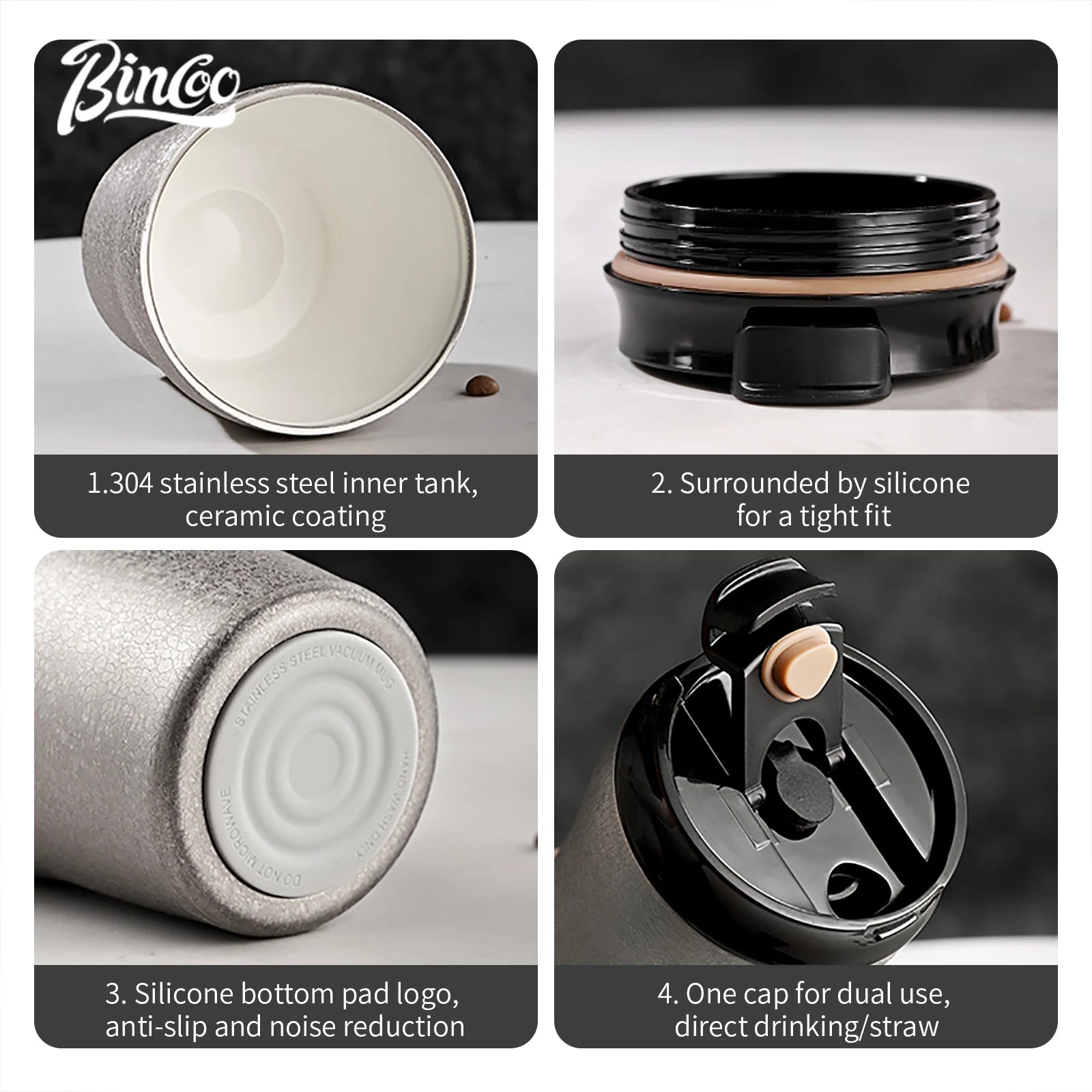Bincoo Double Wall Ceramic Lined Travel Mug - Elegant Retro Style Stainless Steel Thermal Cup for Camping Hiking & Daily