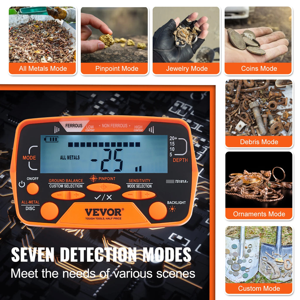 VEVOR Metal Detector for Adults & Kids 10Inch Waterproof Search Coil with LCD Display 7 Modes Adjustable 41''-52'' Aluminum Stem