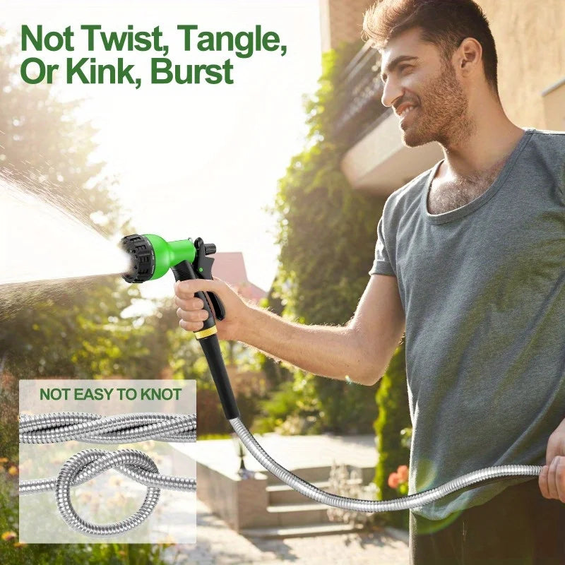 50FT Stainless Steel Garden Hose with Sprayer Nozzle Heavy Duty Kink Free Anti-Rust 5/8" Diameter Garden Hose Plants Cars Pets
