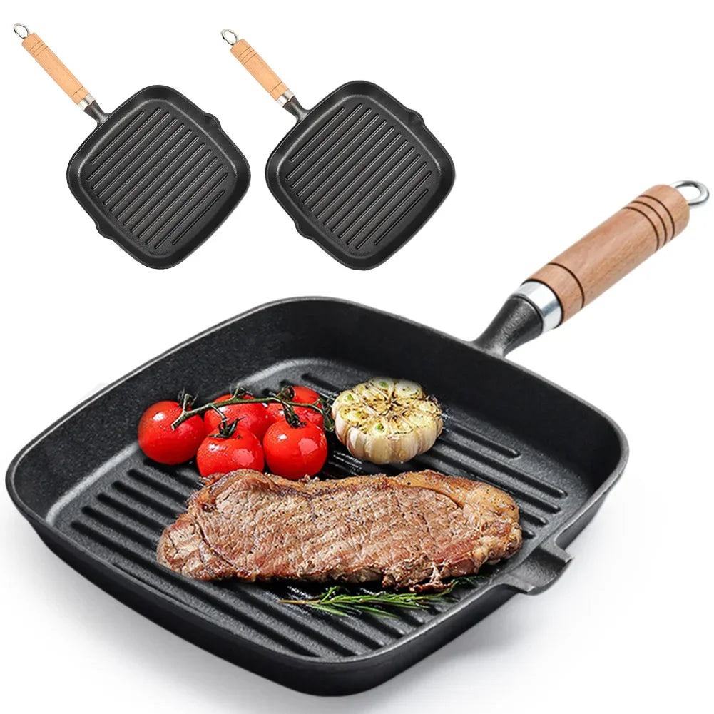 Cast Iron Grill Pan Non-Stick Square Skillet with Drip Spout with Wooden Handle for Indoor & Outdoor Grilling