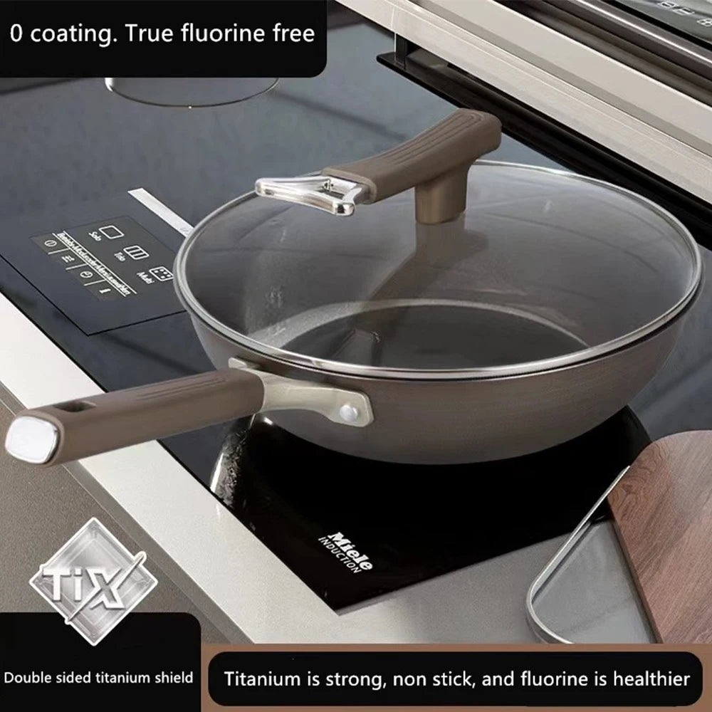 Titanium Stainless steel Wok Frying Pan Uncoated Nonstick Pot Home Kitchen Cookware Skillet Induction Gas stove Special Saucepan