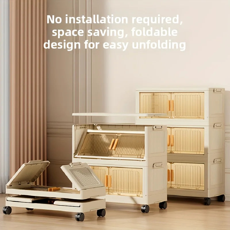 3/4/5-Tier Foldable Cabinet - Plastic Lidded Storage Box, Stackable w/Wheels, for Closet/Bedroom/Office/Kitchen, Decor & Rack