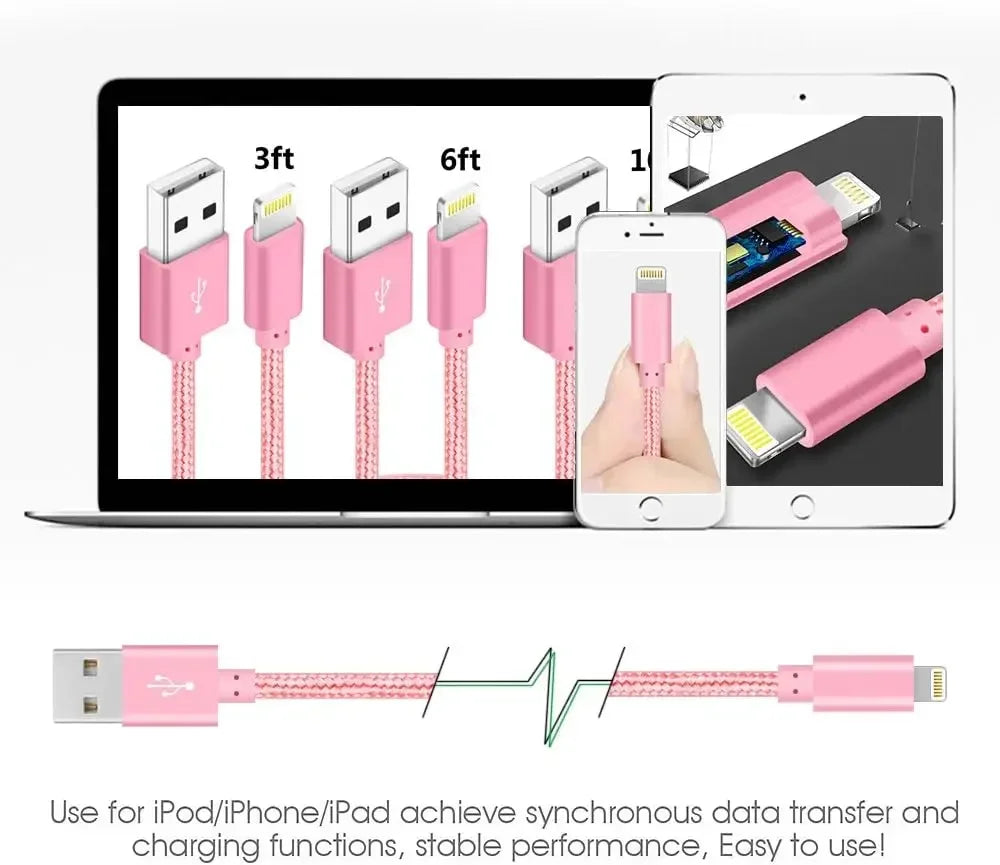 4 PCS (3ft 6ft 6ft 10ft) Charging Cable MFi Certified USB Cable Nylon Braided Fast Charging Cord Compatible For iphone