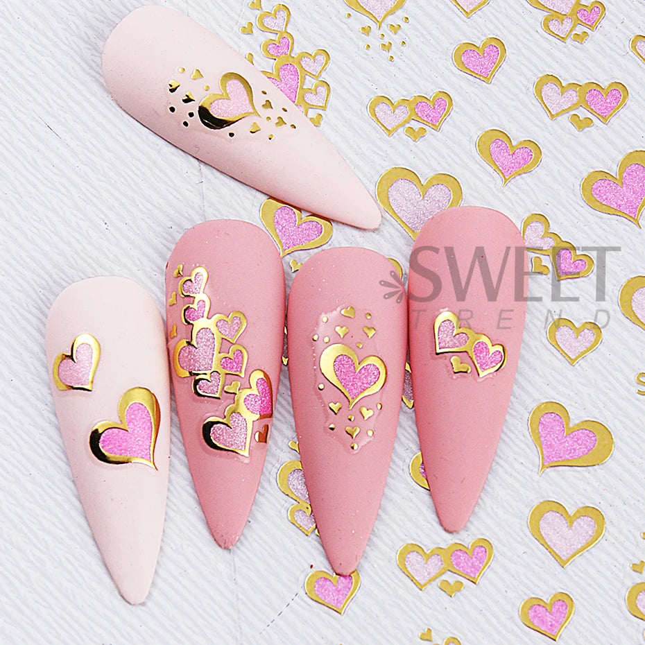 2pcs/set Golden Love Heart Nail Art Stickers 3D Valentine's Day Heart Self-adhesive Nail Supplies Slider Manicure Decorations