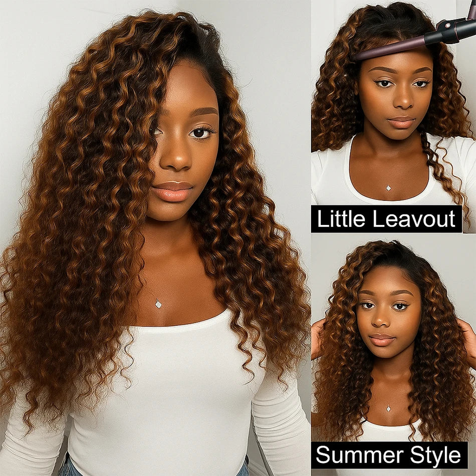 1B/30 Highlight Half Wig Human Hair Deep Wave 3 In 1 Half Wigs With Drawstring Burmese Water Curly Invisible Half Wig Human Hair