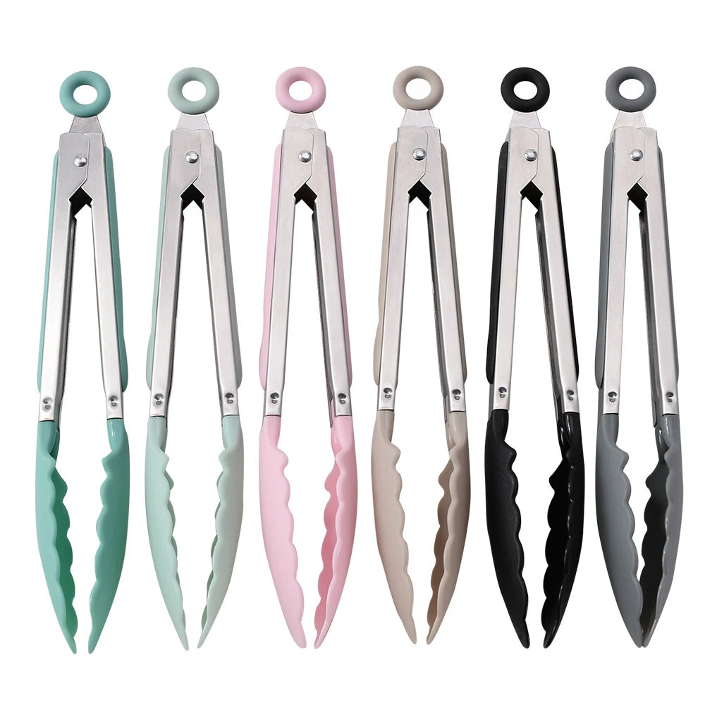 Silicone BBQ Grilling Tong Kitchen Cooking Salad Bread Serving Tong Non-Stick Barbecue Clip Clamp Stainless Steel Tools Gadgets