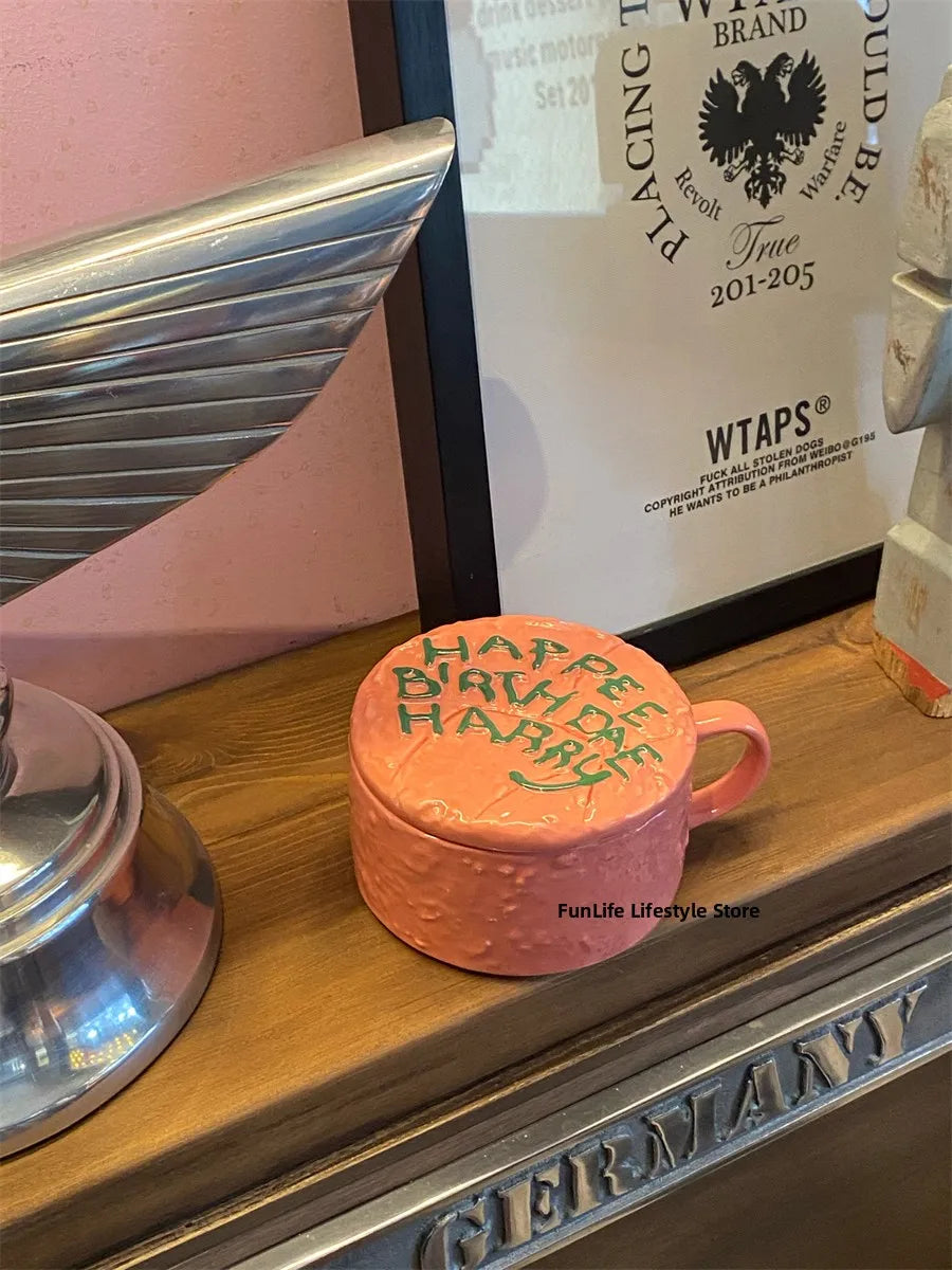 Adorable Pink Happy Birthday Ceramic Mug FunLife Coffee Cup Breakfast Mug Korean Style Universal Design 350ml Capacity