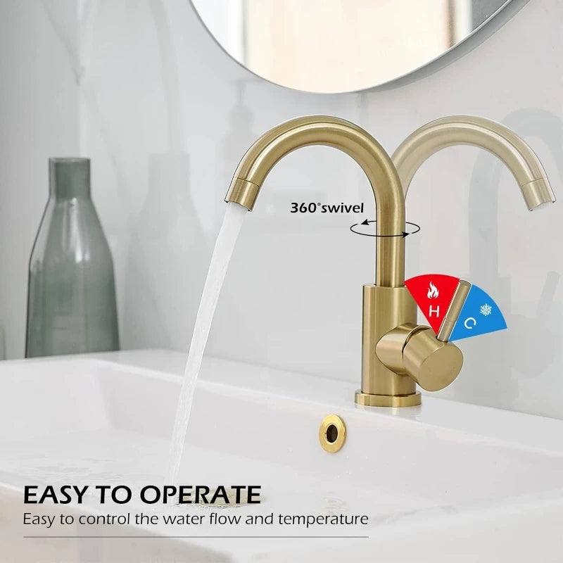 Stainless Steel Golden Basin Faucet Hot And Cold Countertop Basin European Style Bathroom Brushed Gold Small Curved Faucet