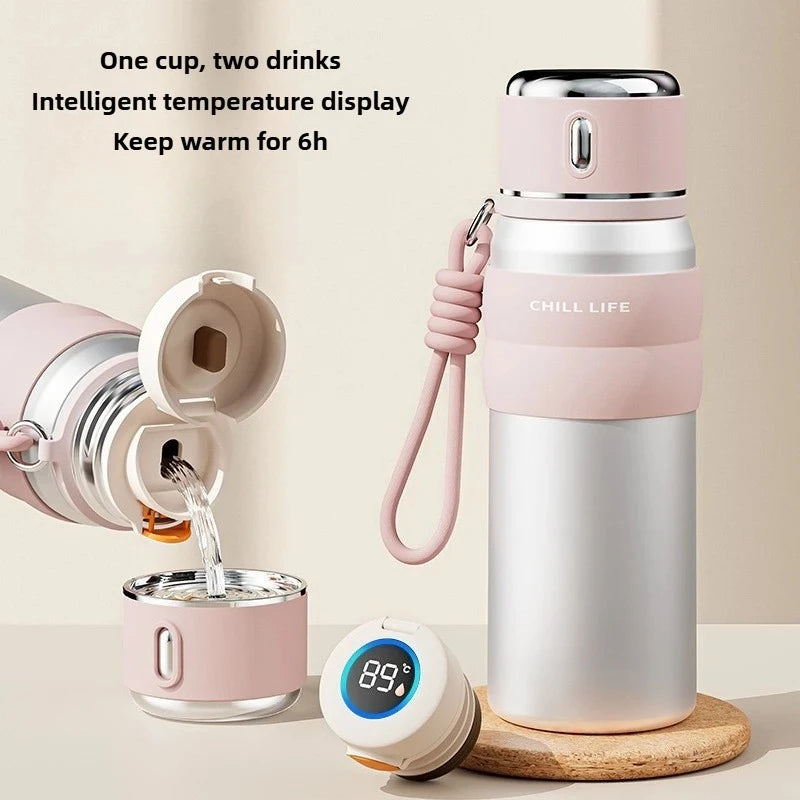 Smart Insulated Water Bottle for Women 500ml 316L Stainless Steel Thermal Cup Leakproof Direct Sip Temperature Display