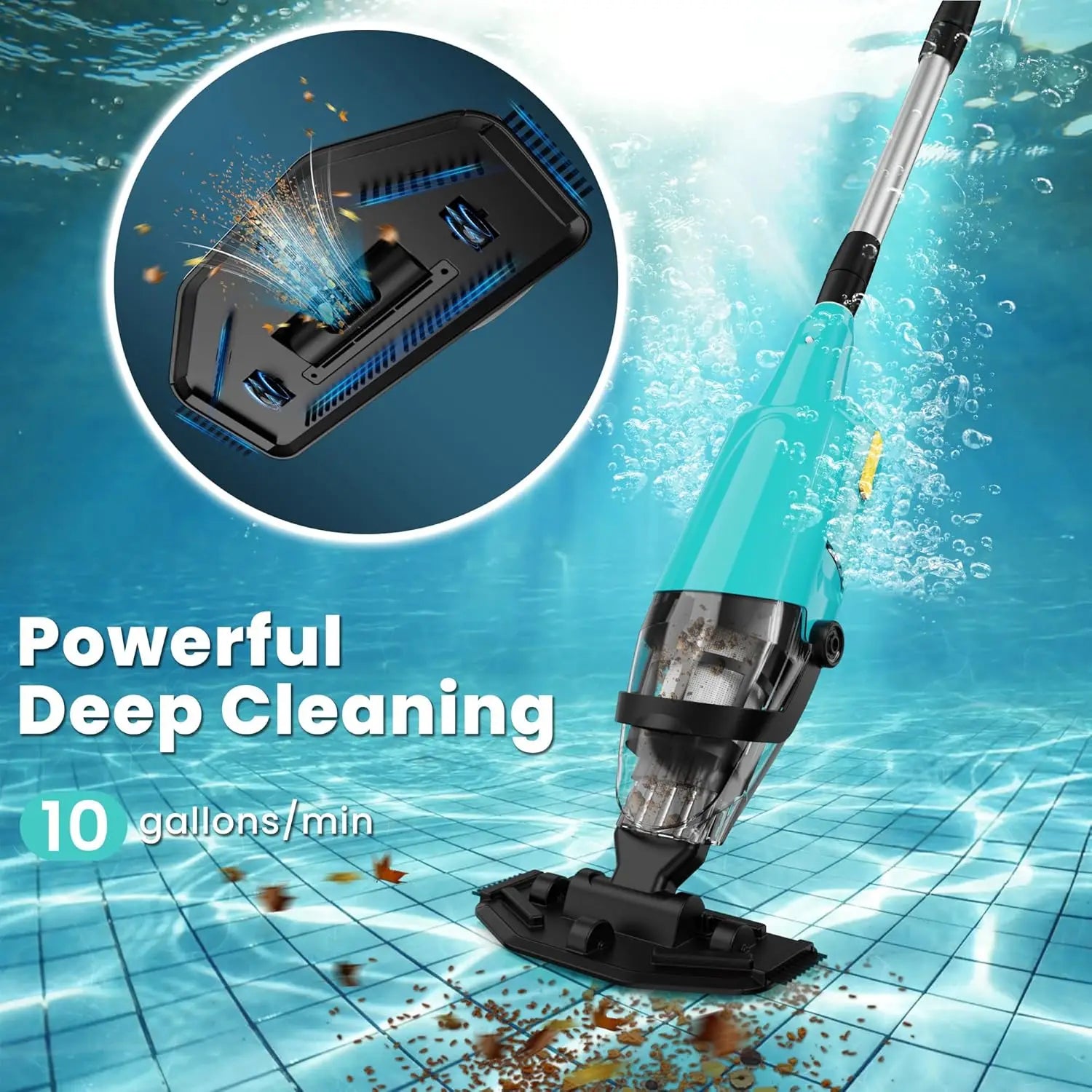 Cordless Rechargeable Pool Vacuum with 60-Min Runtime, Adjustable Pole for Sand and Debris Cleaning in Pools, Spas