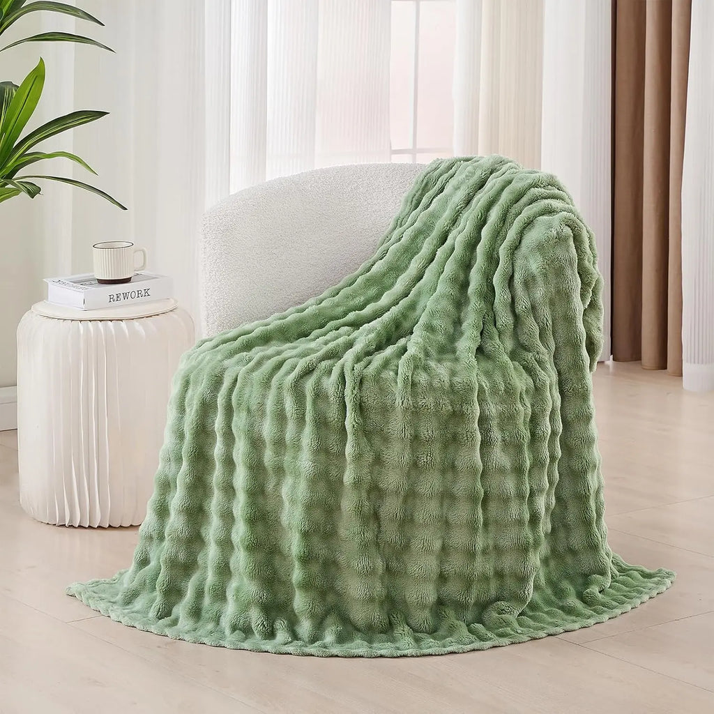 Sage Green Bubble Fleece Blanket for Couch, Super Soft Cozy Cute Throw Blanket for Women, Christmas Gift Fuzzy Flannel Blanket