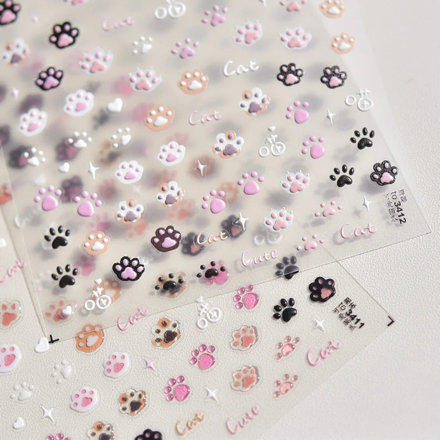1pc 5D Cute Jelly Pink Cat Paw Print Nail Sticker Lovely Kitty Puppy Dog Cartoon Embossed Relief Nail Art Sticker Manicure Decal