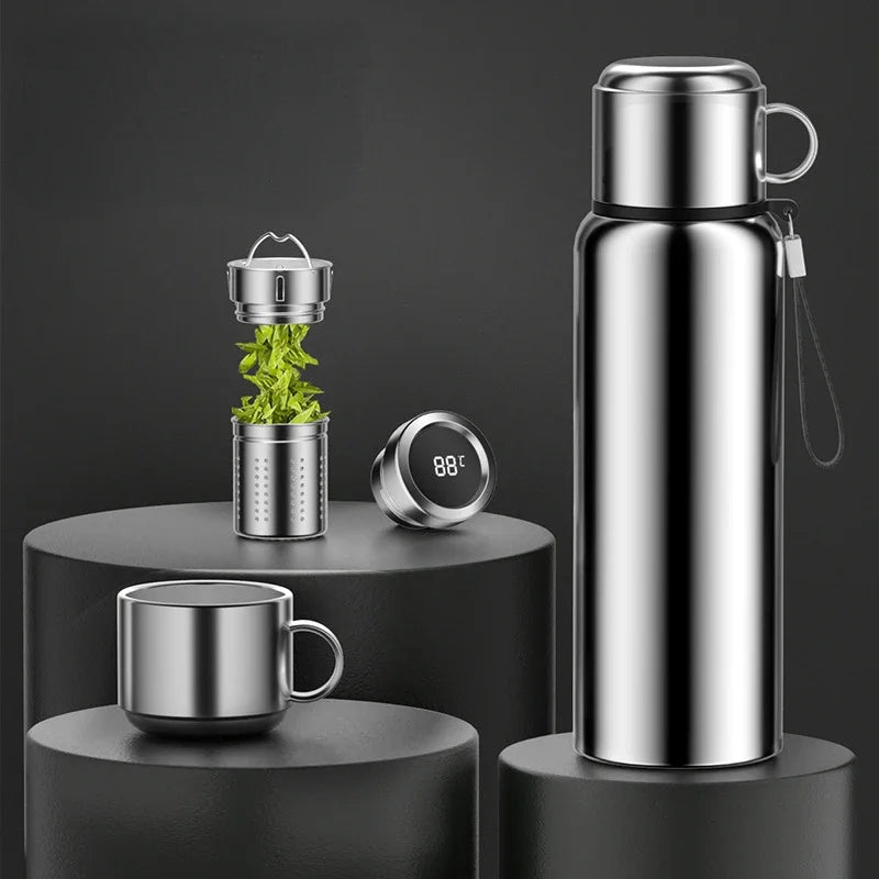 Stainless Steel Smart All-Steel Vacuum Cup Large Capacity Tea and Water Separation Portable Outdoor Sports Bottle Thermos
