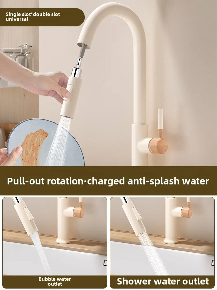 Wooden cream pull-out hot and cold all copper faucet, kitchen retractable rotating vegetable washing sink faucet