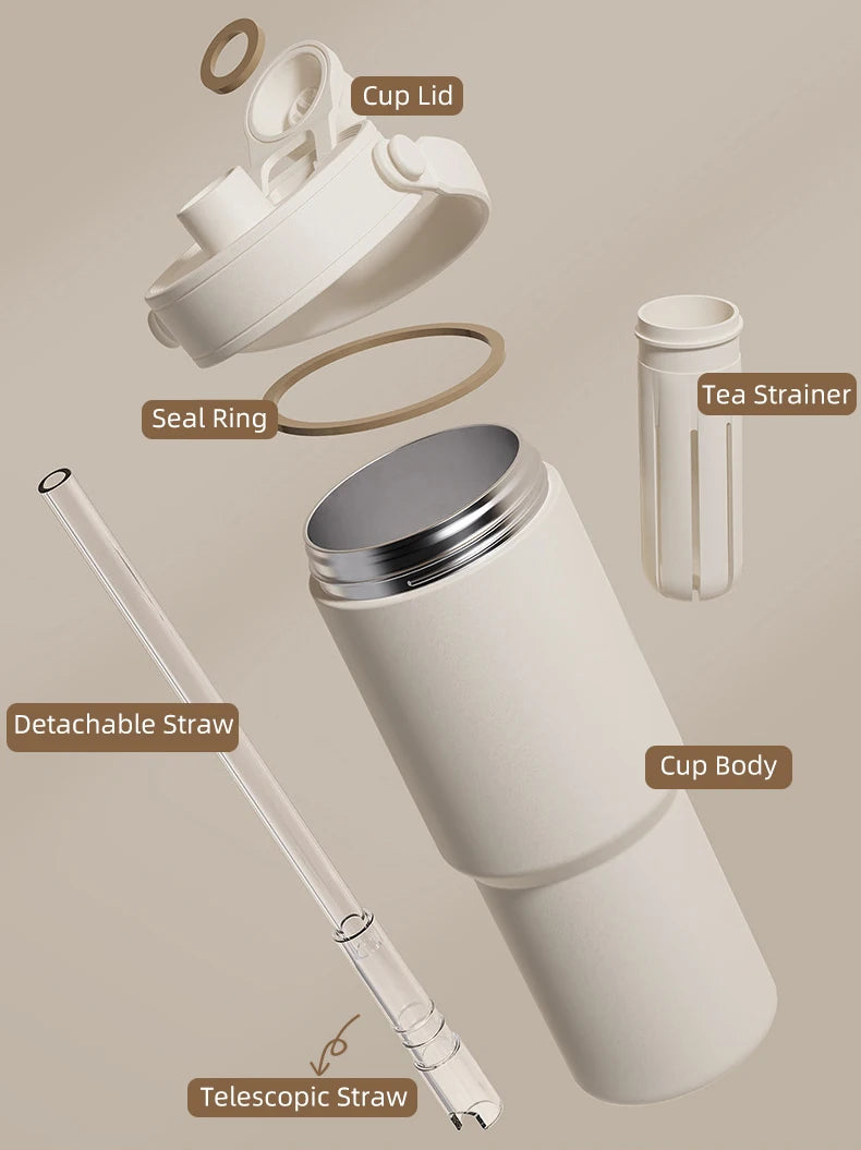 Ceramic Tumbler with Handle Thermal Mug Large 24OZ Straw Portable Cold Coffee Thermos Lined insulated Vacuum Flask Travel Bottle