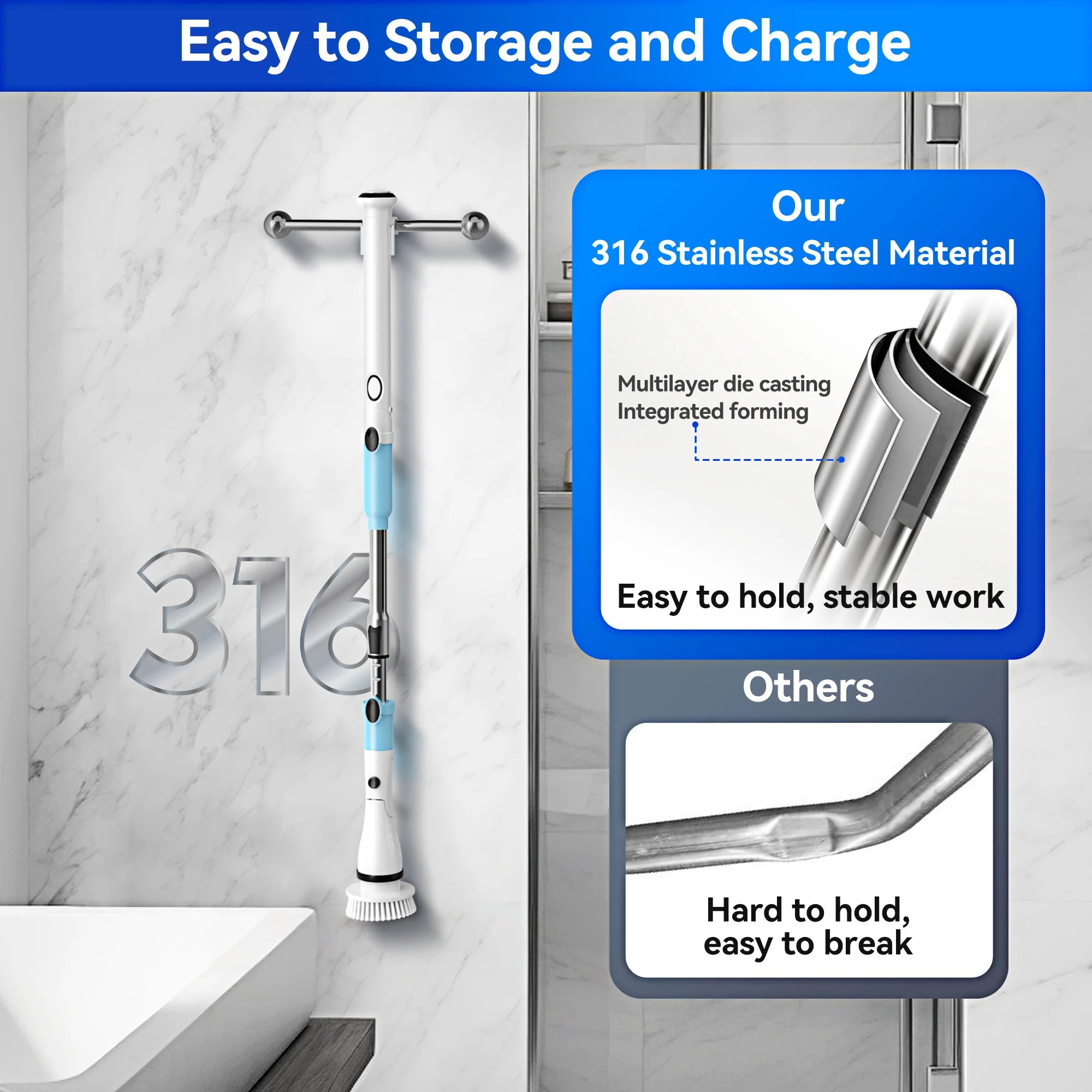 450RPM Electric Spin Scrubber Cordless Shower Cleaning Brush with 5 Replaceable Brushes Adjustable Extension Handle for Bathroom