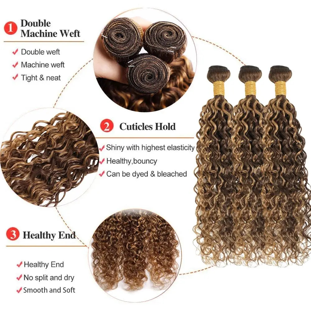 P4/27 Curly Wave Bundles Human Hair Highlight Dark Brown and Honey Blonde Piano Color Mix Brazilian Human Hair Extensions Weave