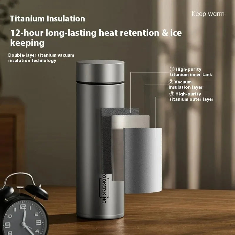 COOKER KING 450ml Pure Titanium Vacuum Thermos Bottle Lightweight Insulated Water Bottle With Tea strainer Keep warm and cold