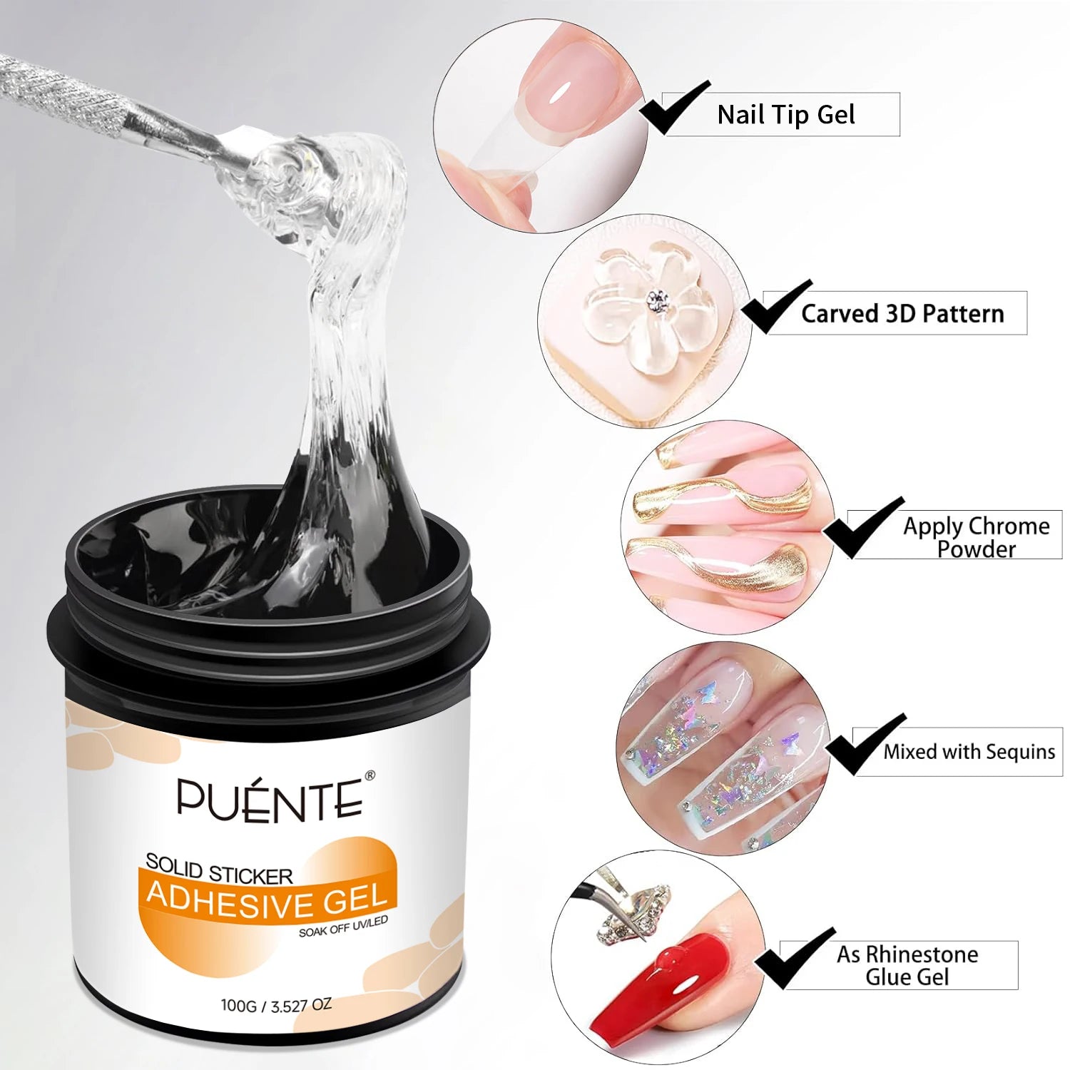 PUENTE 100g Solid Nail Glue Gel With Cuticle Pusher Non-Stick Hand Nail Tips Hard Gel Glue 3D Sculpture Soak Off UV Nail Art Gel
