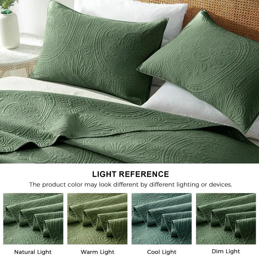 King Cal King Quilt Set Olive Green,Ultrasonic Embossed Bedspread, Lightweight Microfiber Coverlet, Modern Thin Bedding Set for