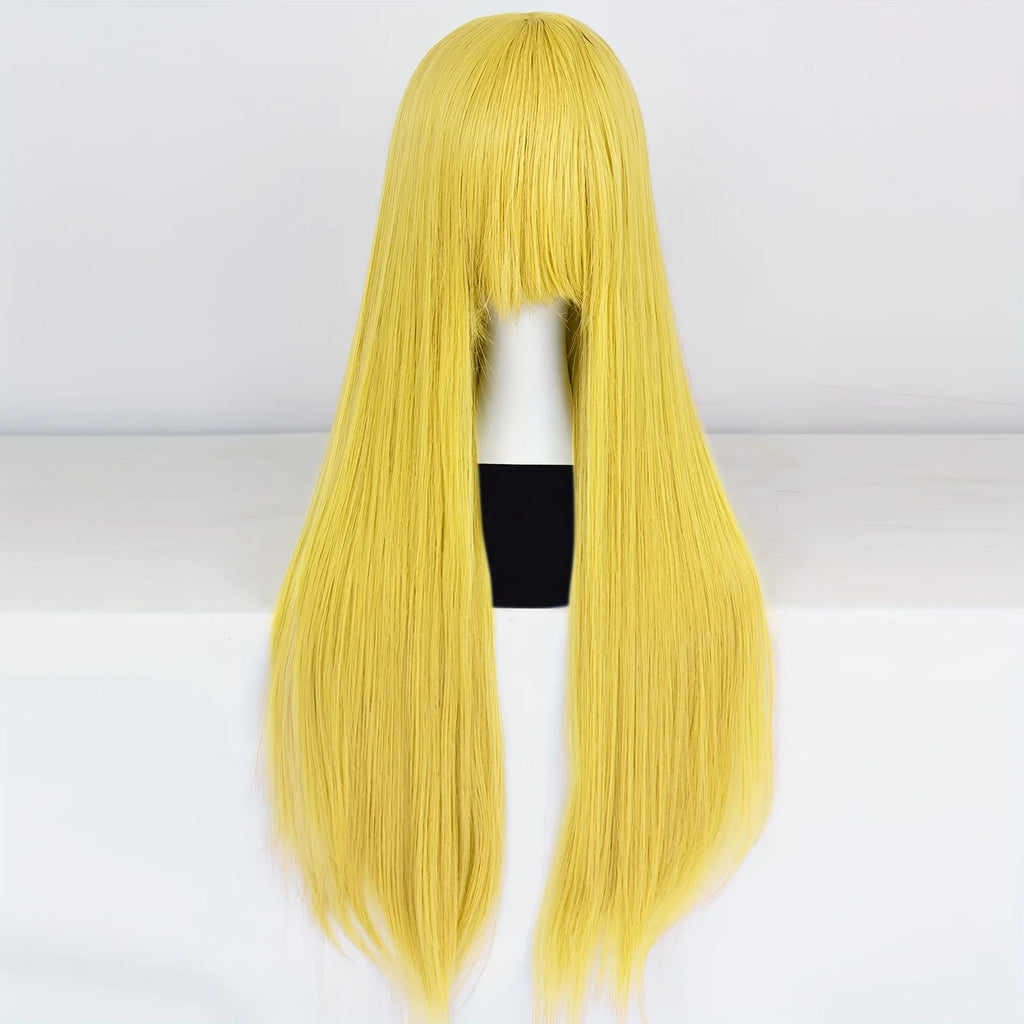 Synthetic Long straight yellow role-playing wig with bangs, suitable for women, Halloween, parties, daily outfit wig