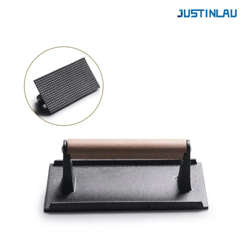 JUSTINLAU Cast Iron Uncoated Square Circular Meat Press Solid Wood Handle, Hamburger Patty Maker Barbecue Fried Meat Press Tool