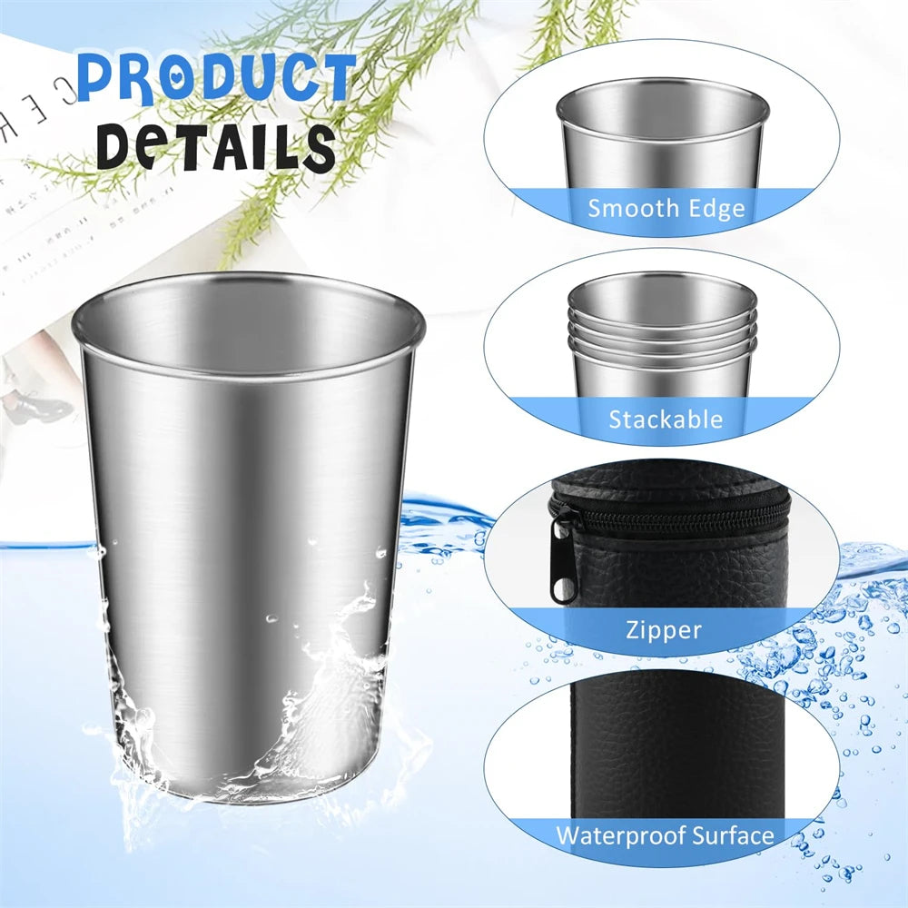4pcs/Set Stainless Steel Cups with Storage Bag Metal Drinking Cups Stackable Water Tumblers 30ml/70ml/170ml for Outdoor Travel