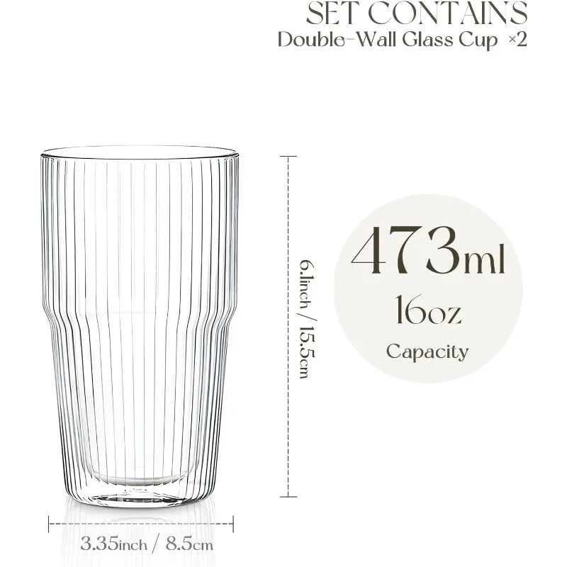 KEMORELA 2PCS Borosilicate 473ML Double Wall Tumbler Glass Coffee Mugs with Striped Design for Iced  Coffee,Bubble Tea and Juice