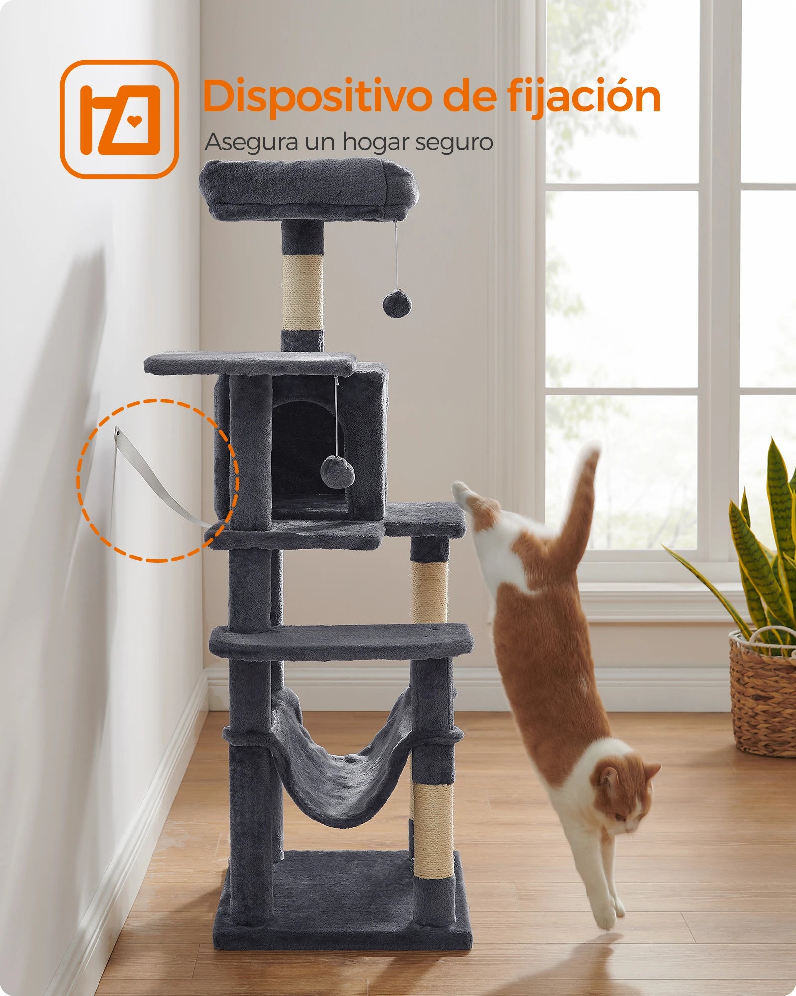 Feandrea Cat Tree, 143 cm Cat Tower for Indoor Cats,  Cat Condo with 4 Scratching Posts, 2 Perches,  Pompoms