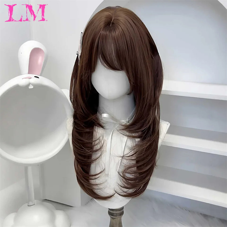 LM Blonde Synthetic Ombre Mixed Pink Blond Long Wavy Wigs with Bangs Cosplay Party UseHeat Resistant Fiber for Women