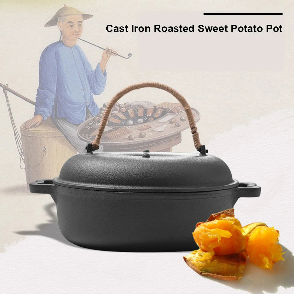 Cast Iron Roasted Sweet Potato Pan with Lid Garlic Roaster for Picnic Camping Patio Backyard Cooking
