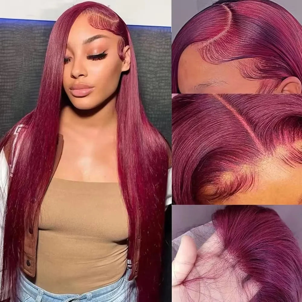 100% Human Hair Burgundy 99J Straight Bundles with Frontal 13x4 Brazilian Hair Weaving 3Pcs Bundles with Closure Raw Human Hair