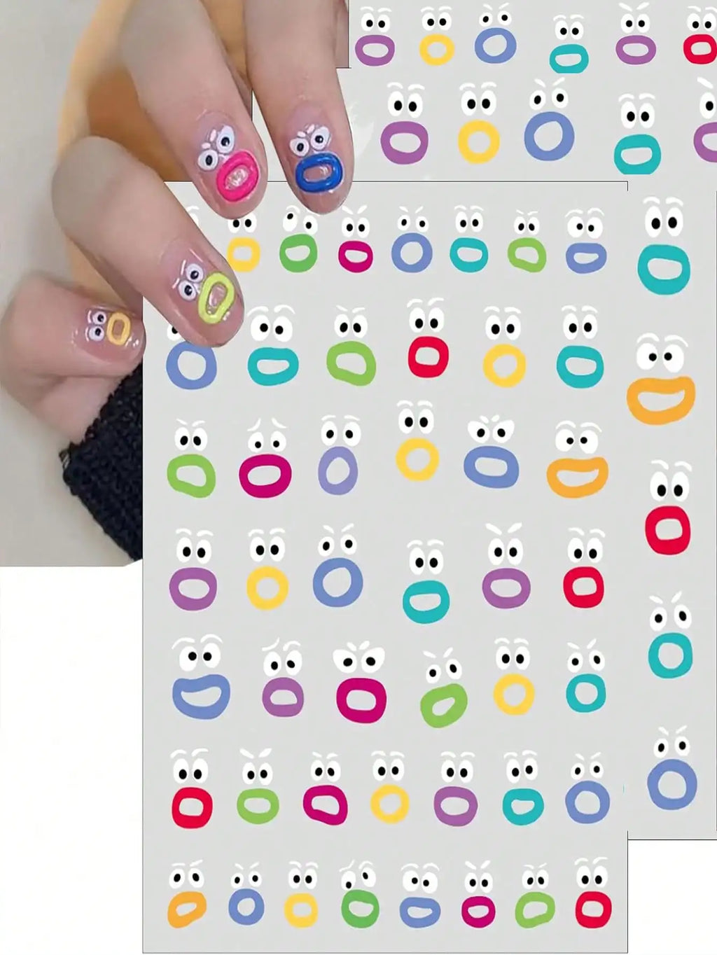 1sheet Mouth Monster Relief Nail Sticker – 3D Jelly Nail Sticker with Big Mouth Monster Eyes, Cartoon Face Nail Decal