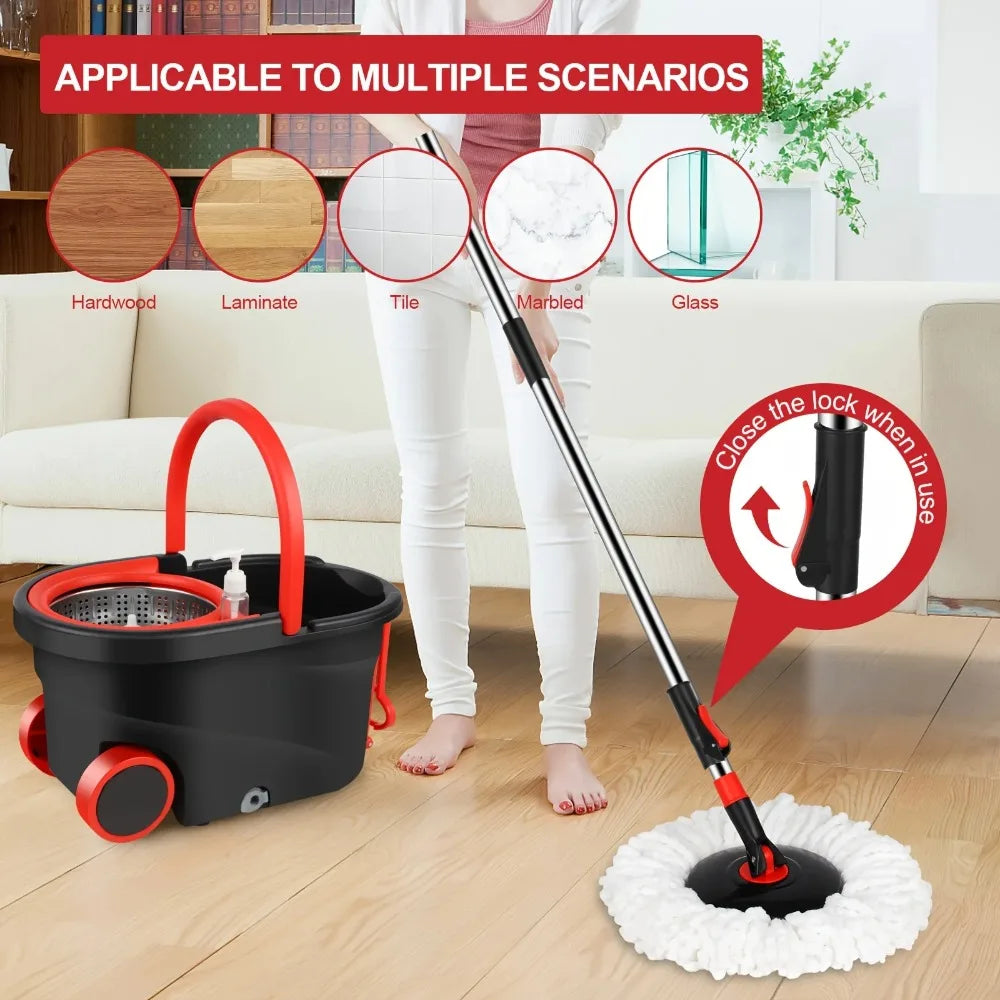 Spin Mop and Bucket with Wringer Set – 360° Spinning Mop with Stainless Steel Handle, On Wheels for All Hard Surfaces