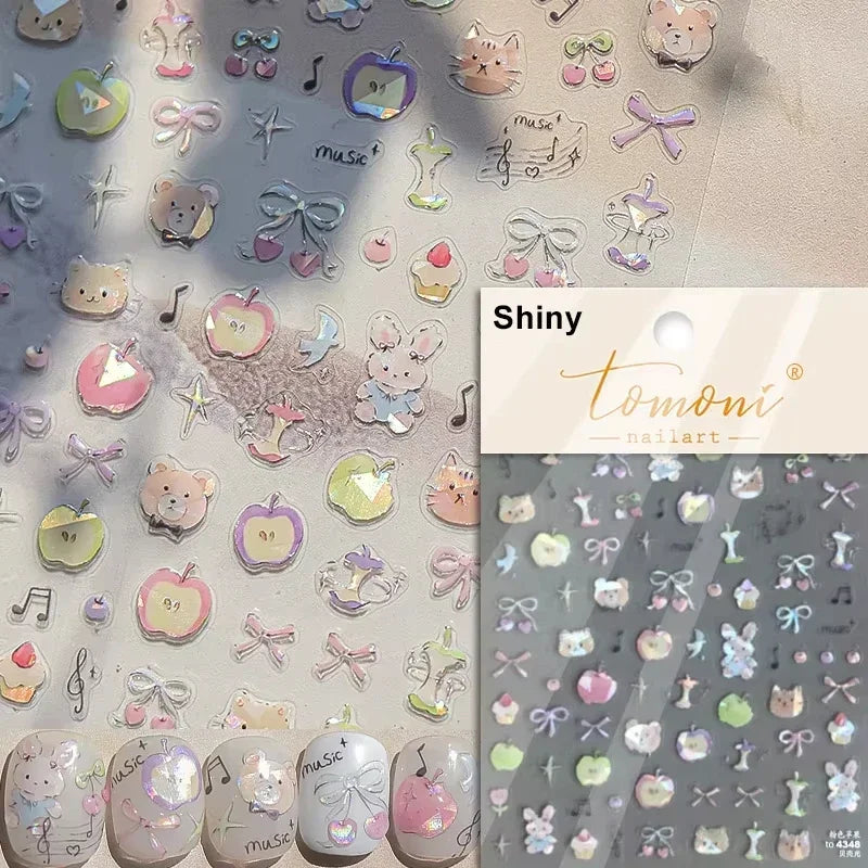 Lovely Animal Graffiti Cat Claw Rabbit Bunny Bear Dog Flower Fruit Dim Sum Candy Sunflower Adhesive 5D Nail Art Stickers Decal