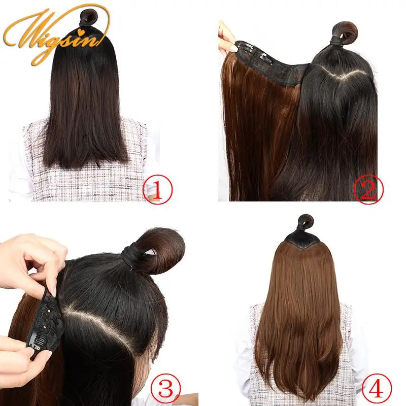 WIGSIN Synthetic 55cm V-shaped Layered 4 Clips Long Straight Hair Extension Natural Invisible Hairpiece Wig for Women