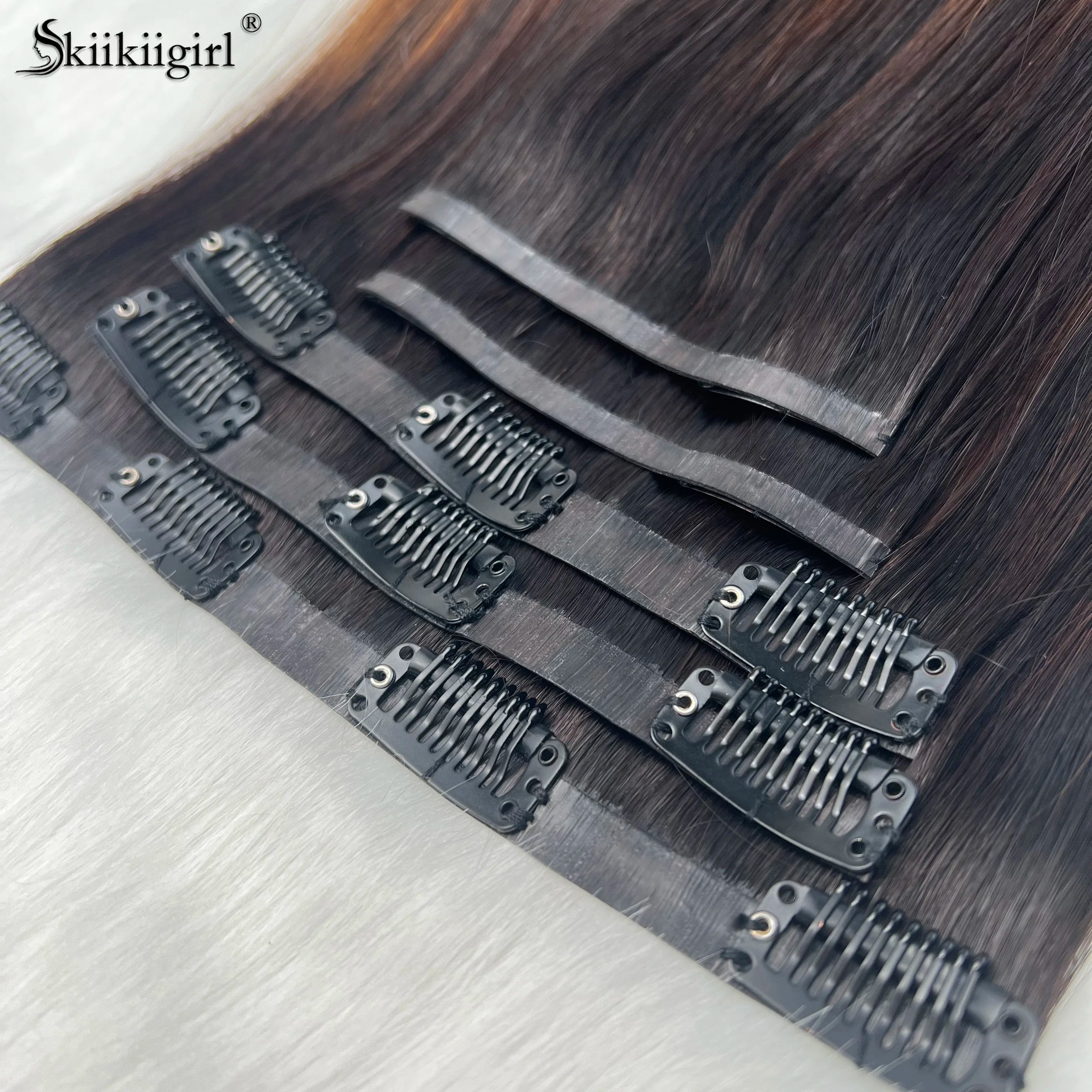 kiikiigirl PU Clip In Hair Extensions Human Hair 100% Remy Hair Seamless Weft Clip Ins For Women
