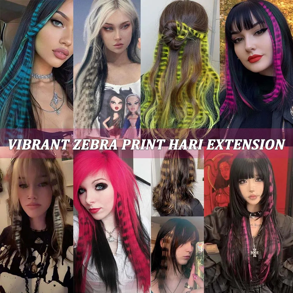 8Pcs 18" Colored Hair Extensions Animal Stripe Print Hair Clip-on Synthetic Feather Hair for Cosplay, Party, Festivals, Y2K
